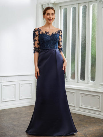 Katherine Sheath/Column Satin Applique Bateau 1/2 Sleeves Sweep/Brush Train Mother of the Bride Dresses SJSP0020243