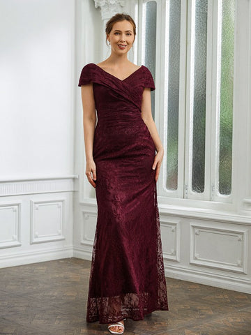 Addison Sheath/Column Lace Ruched V-neck Short Sleeves Floor-Length Mother of the Bride Dresses SJSP0020246