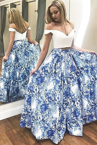 A Line Two Pieces Floral Off the Shoulder V Neck White Long Floor Length Prom Dresses JS771