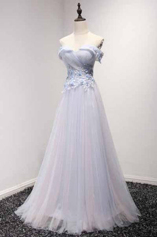 Sky Blue A-Line Off-the-Shoulder Floor-Length Tulle Prom Dresses with Appliques Lace JS955