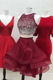 A-line Halter Sleeveless Sweetheart Organza Burgundy Short Prom Dresses Homecoming Dress JS664