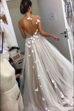 A Line Tulle Open Back Butterfly Sleeveless Long Prom Wedding Dresses Prom Dresses