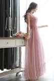 Modest Scoop Neck Tulle Pearl Detailing Lace-up Floor-length Sleeveless Prom Dresses JS632