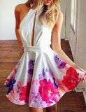 Short Halter Sleeveless Keyhole Homecoming Party Dress Printed Flowers JS118