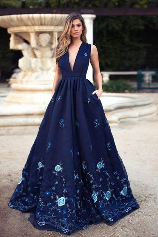 Vintage A-Line Deep V-Neck Navy Blue Sleeveless Prom Dresses with Appliques Pockets JS403