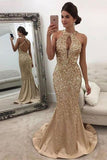 Mermaid Sleeveless Halter Sequins Golden Open Back Sweep Train Satin Prom Dresses JS556