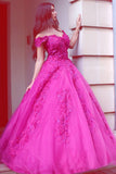 Princess Fuchsia Tulle Off-the-Shoulder Ball Gown Sweetheart Lace Appliques Prom Dresses JS262