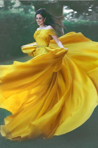 Stylish A-Line Off-Shoulder Yellow Chiffon Evening Dress with Beads Prom Dresses JS457