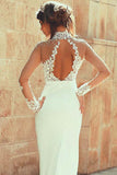 Long Sleeve Mermaid High Neck Lace Appliques Open Back Ivory Long Wedding Dresses JS145