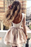 A Line High Neck Long Sleeve Pleats Open Back Satin Short Homecoming Dresses with Lace JS07