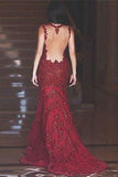 Sexy Burgundy Mermaid V-Neck Sleeveless Floor-Length Appliques Prom Dresses JS283