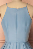 A Line Blue Halter Sleeveless Short Satin Knee Length Homecoming Dress JS601