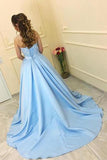 Modest A-Line Sweetheart Strapless Light Blue Sleeveless Long Prom Dresses With Lace JS230