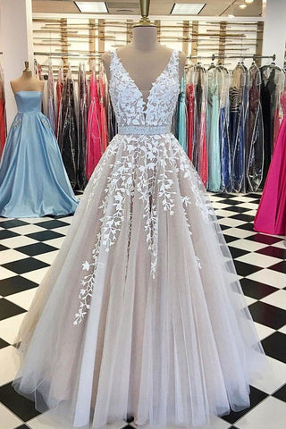 A-Line V-Neck Appliques Open Back Ivory Sleeveless Beads Evening Prom Dresses UK JS465