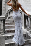 Sexy V-Neck Spaghetti Straps Grey Mermaid Sequined Backless Sleeveless Evening Dresses JS239