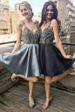 A Line Spaghetti Straps V Neck Satin Sleeveless Knee Length Grey Homecoming Dresses JS640