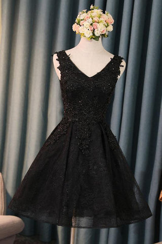 Black V Neck Cute A-Line Appliques Sleeveless Tulle Lace Beading Short Homecoming Dress JS189