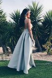 Elegant A-line Straps Backless Sleeveless Satin V-Neck Blue Long Prom Dresses JS283