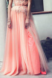 A-Line Strapless Lace Appliqued Floor-length Blush Pink Beaded Tulle Prom Dresses JS313