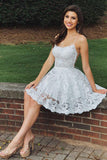 A Line Sweetheart Spaghetti Straps Backless White Lace Appliques Short Homecoming Dresses JS981