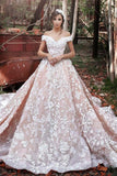 2024 A-Line Off the Shoulder Ball Gown Court Train Tulle Appliques Wedding Dresses JS537