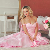 A-Line Pink Off the Shoulder Sweetheart Satin Lace up Hi-Lo Prom Homecoming Dresses JS515