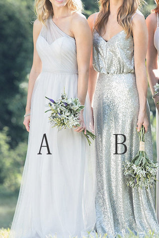 Mismatched Chiffon Sequin A Line Spaghetti Straps One Shoulder Cheap Bridesmaid Dresses JS414