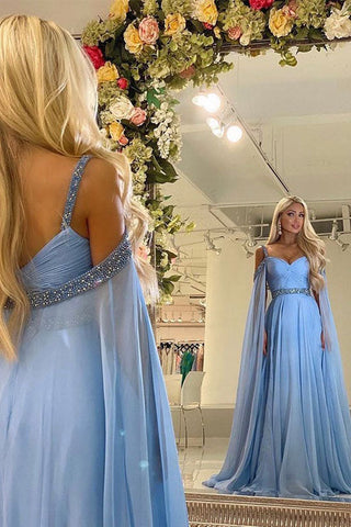 Sky Blue A Line Beading Evening Dresses Chiffon Long Prom Dresses