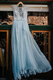 2024 Elegant Light Blue Beads Round Neck Chiffon A-Line Cap Sleeve Prom Dresses UK JS397