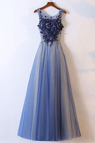 Elegant Long Appliques Blue Tulle Round Neck Long Evening Dress JS45