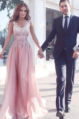 Elegant Pink Long V-Neck Appliques Sleeveless A-Line Chiffon Prom Dresses UK JS374