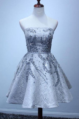 A Line Silver Strapless Mini Lace Shinny Sequin Lace up Appliques Homecoming Dresses JS828