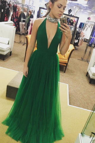 Hot Sexy Sleeveless A-Line Deep V-Neck Green Floor-Length Tulle Long Prom Dresses JS282