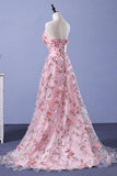 A Line Sweetheart Strapless Sweep Train Floral Print Long Prom Dresses With Flowers