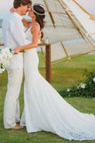 Elegant Mermaid Lace V-neck Court Train Ivory Sleeveless Beach Wedding Dresses UK JS314