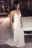 Mermaid Deep V-Neck Sweep Train Backless Criss-Cross Straps Ivory Sequined Prom Dresses JS169