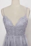 Sheath Spaghetti Straps Sweep Train Backless Lavender Tulle with Appliques Prom Dresses JS156