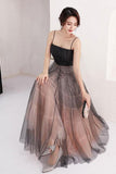 A Line Scoop Spaghetti Straps Black Tulle Prom Dresses Long Evening Dresses JS824