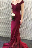 Off-the-Shoulder Burgundy Lace Appliques Long Mermaid Prom Dresses JS370