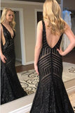 Sexy Deep V-Neck Rose Gold Sequins Mermaid Black Long Backless Prom Dresses UK JS425