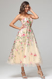 Unique Flower Embroidered Tea Length Prom Dress