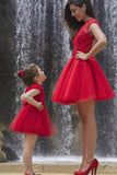 A line Red Cap Sleeves Tulle Lace High Neck Above Knee Open Back Homecoming Dresses JS903