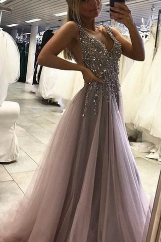 Sexy Side Split Prom Dress Sleeveless Tulle Evening Dress Long Party Dress JS115