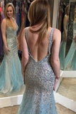 Backless Mermaid Beaded Long Tulle V-Neck Sleeveless Zipper-up Prom Dresses JS612