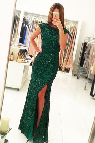 Mermaid Dark Green Open Back Long Cap Sleeves Split-Front Prom Dresses with Sequins JS255