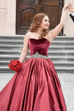 Special Burgundy Velvet Sweetheart Beads Strapless Sash Ruched Satin Prom Dresses JS130