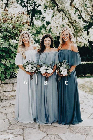 A Line Long Chiffon Off the Shoulder Slate Gray Mismatched Bridesmaid Dresses uk PW287