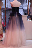 A Line Ombre Blue Tulle Long Prom Dress Unique New Style Strapless Evening Dress JS840