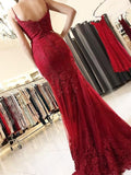 Cheap Red Spaghetti Straps Sweetheart Mermaid With Lace Appliques Prom Dresses JS121