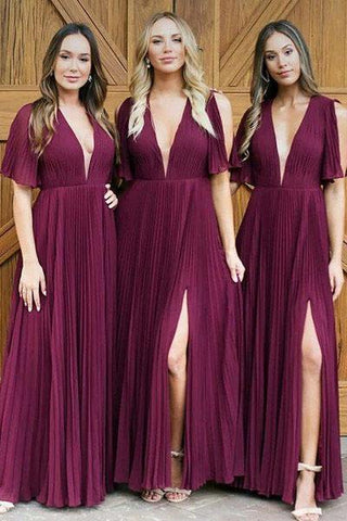 Long Deep V Neck Pleats Dark Red Chiffon Split Bridesmaid Dress Long Prom Dresses JS343